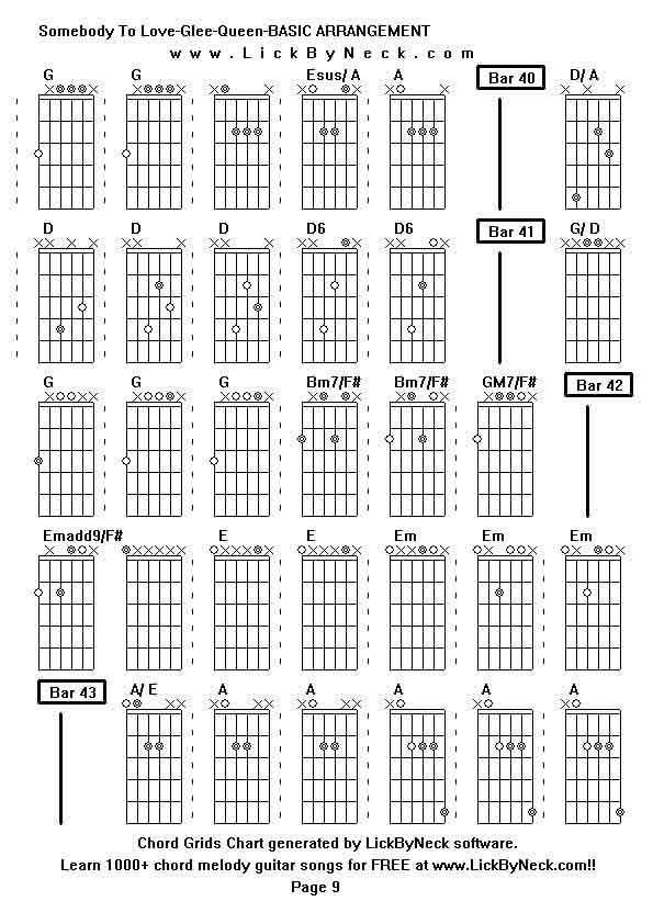 Chord Grids Chart of chord melody fingerstyle guitar song-Somebody To Love-Glee-Queen-BASIC ARRANGEMENT,generated by LickByNeck software.